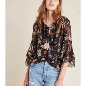 Anthropologie Maeve Black Floral Odette Peasant Blouse